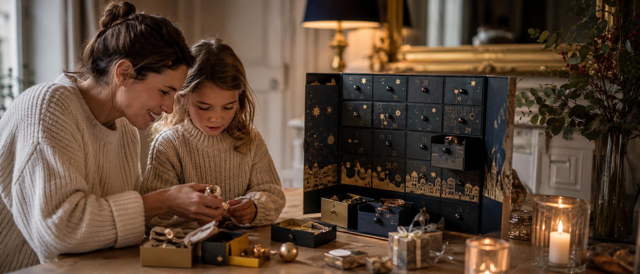 Une mère et sa fille ouvrant un calendrier de l'Avent