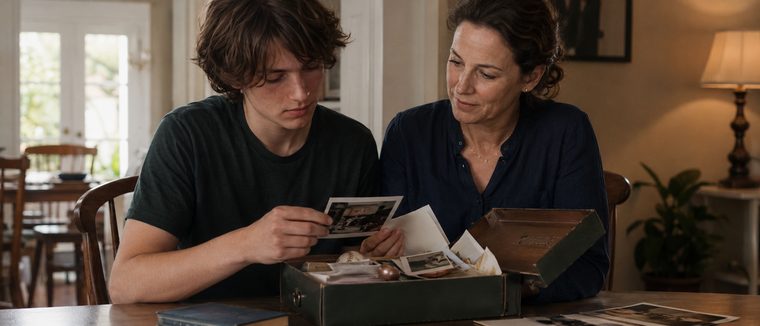 A mother and her teenage son looking at memories in a box
