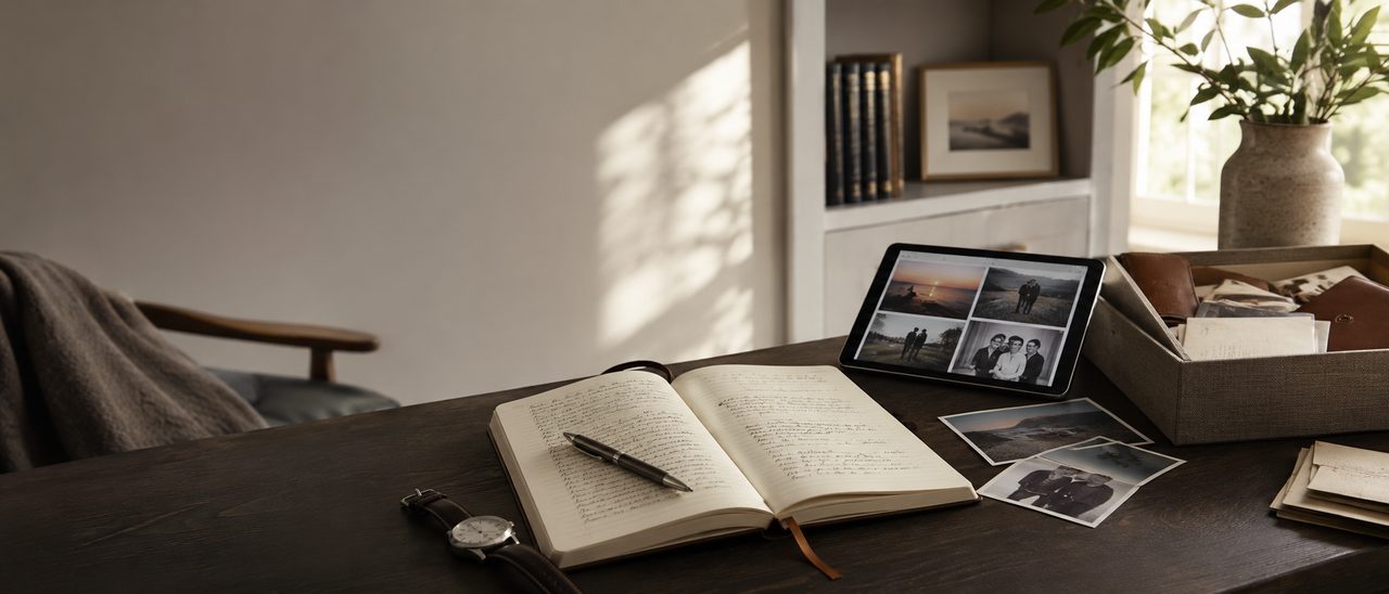 An open handwritten journal, a tablet showing photos and a box of prints on a desk