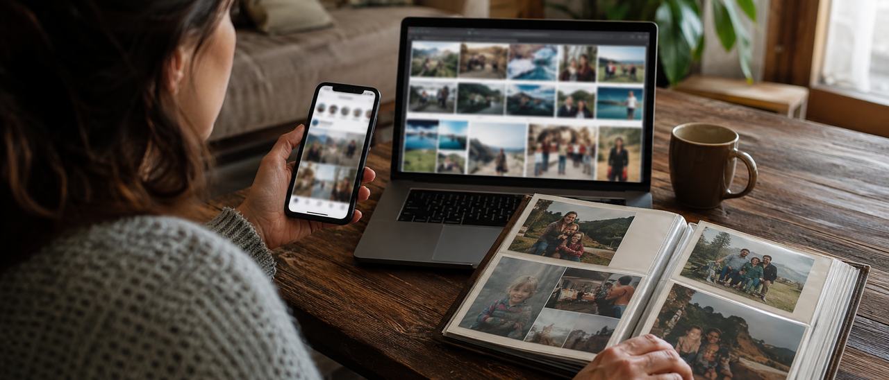 A person between their phone, laptop and a photo album