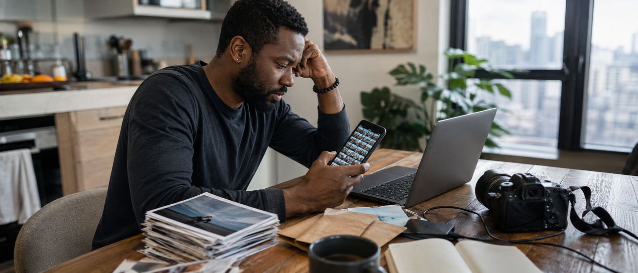 A man overwhelmed by his photos, in front of his phone and laptop
